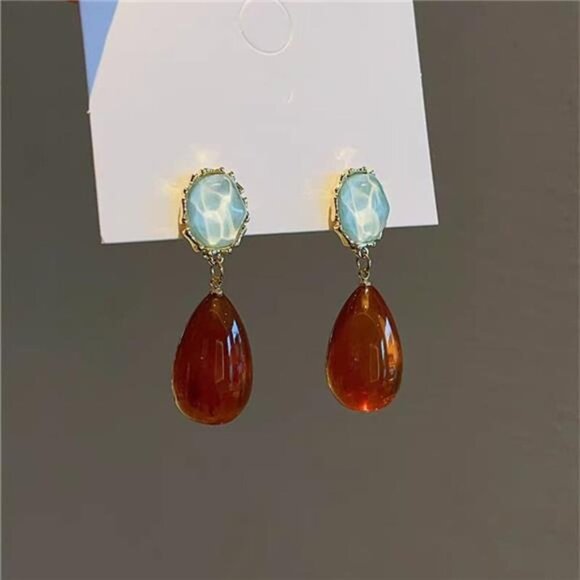 Vintage Amber Teardrop Earrings | Resin Waterdrop Statement Dangle Jewelry Gift - Picture 4 of 5